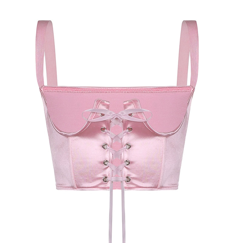 Mojoyce   Fashion Chic Pink Satin Corset Top Women Lace Up Bandage Bustier Tops Cropped Cummerbunds Tank Top Waistcoat Outfits