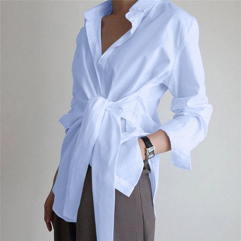 Mojoyce Office Lady Women Blouses OL Sexy Bowknot Lady Shirts Long Sleeve Shirt Button Turn Down Collar Tops Black White Blue