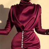 Mojoyce Satin Maxi Party Dresses Split Ladies Elegnt Long Sleeve Turtleneck Bodycon Dresses New Clubwear