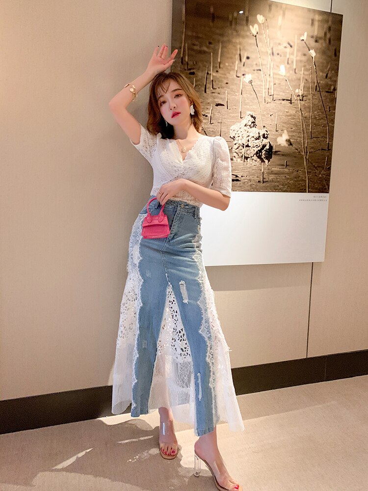 Mojoyce High Quality New 2022 Fashion Suits & Sets Women V-Neck White Lace Tops+Lace Denim Patchwork Midi Sexy Mermaid Jeans Skirt Set