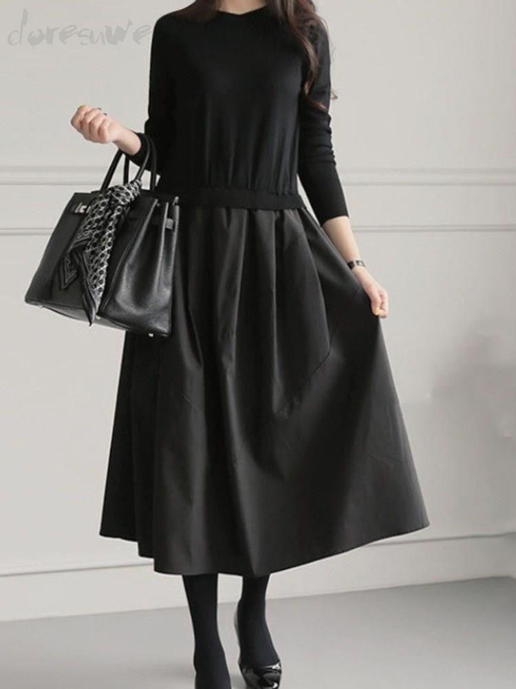 Mojoyce-Knitting Split-joint Black Dress