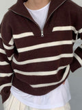 Mojoyce-Lapel Zip Stripe Loose Long Sleeve Pullover Knit Sweater