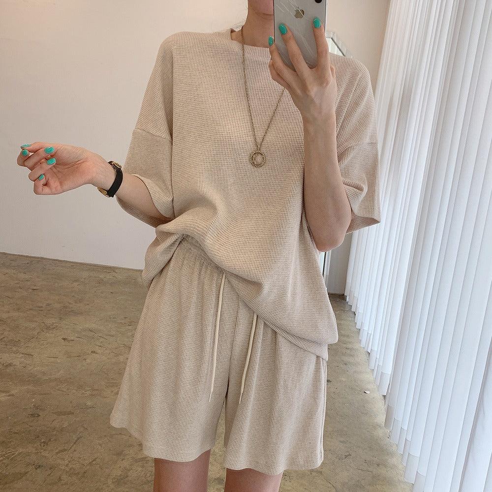 Mojoyce-Simple Comfy Pullover Shirt High Waist Shorts Suit Set