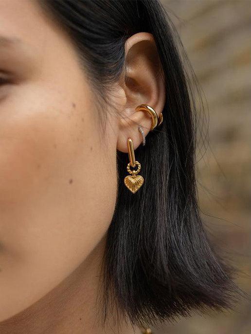 Mojoyce-Heart Shaped Textured Carved Long Earrings