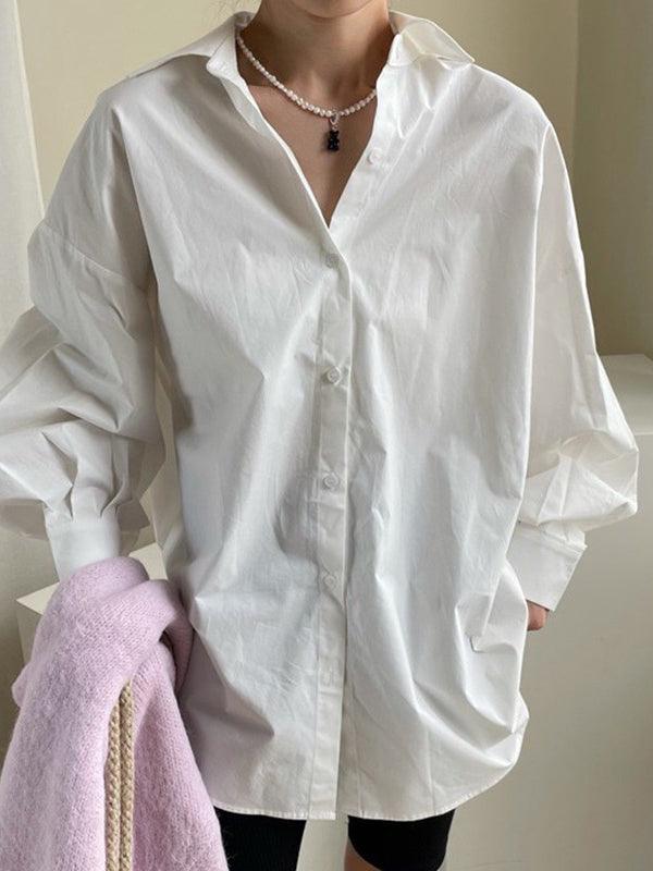 Mojoyce-Casual Lapel Solid Pleated Balloon Sleeve Lace-up  White Shirt