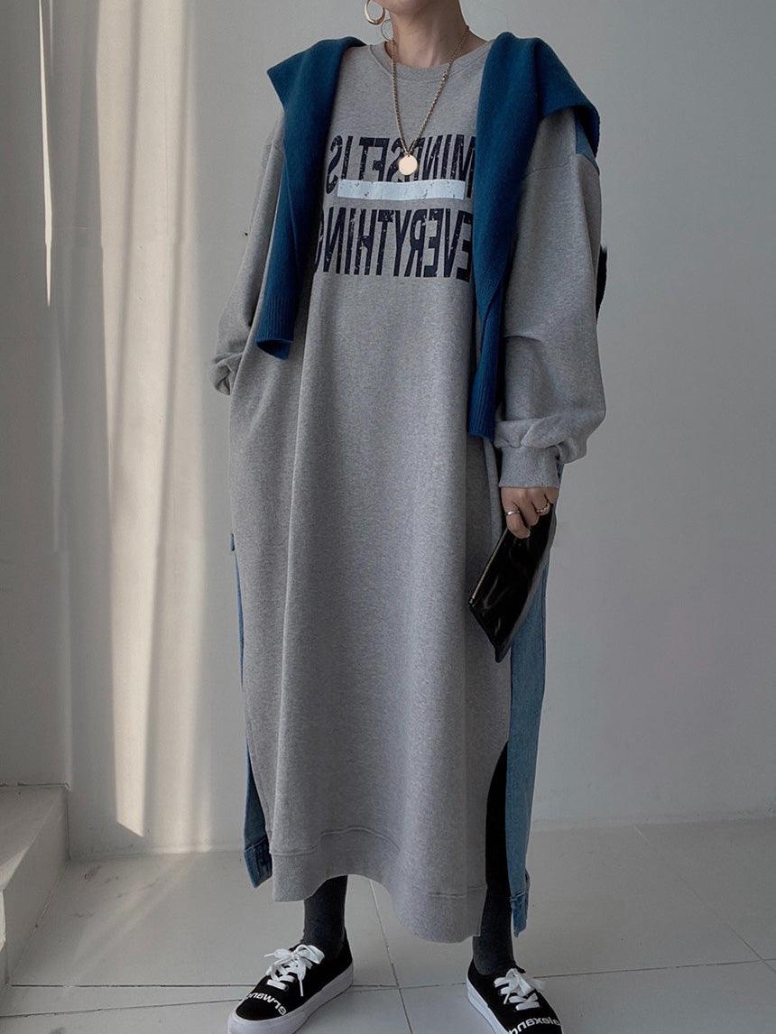 Mojoyce-Simple Letter Print Denim Splt-joint Long Sleeve Sweatshirt Dress