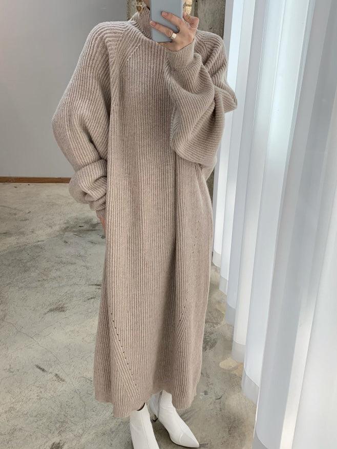 Mojoyce-Casual High Neck Solid Color Long Sleeve Knit Dress
