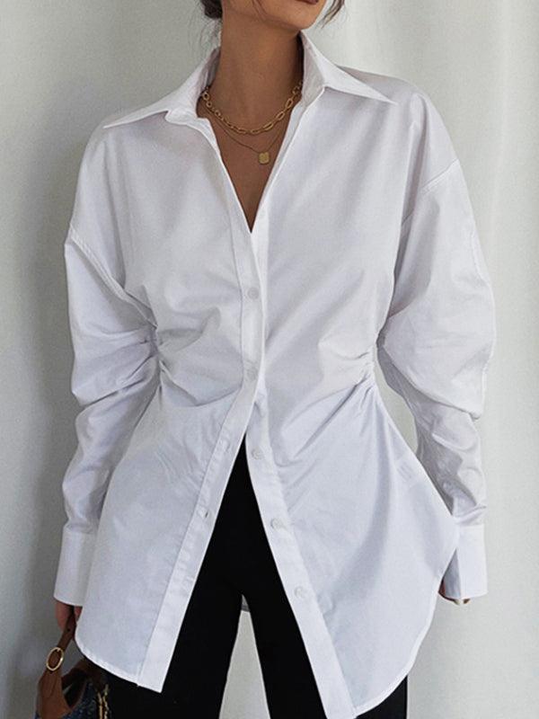 Mojoyce-Simple Waist Lapel Ruffeld White Shirt