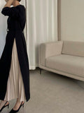 Mojoyce-Elegant Crew Neck Panelled Pleated Knit Lace-Up Dress
