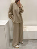 Mojoyce-High-neck Pullover Sweater&High-waist Wide-leg Pants 2 Sets