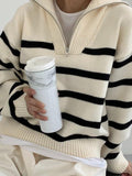 Mojoyce-Lapel Zip Stripe Loose Long Sleeve Pullover Knit Sweater