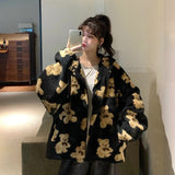 Mojoyce 90s Harajuku Heart-shaped Print Plush Jacket Women Winter Korean Large Size Long Sleeve Hooded Coat Thick Warm Couple Streetwear