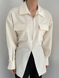 Mojoyce-Lapel Zip Double Pocket Tie Back Slit Shirt