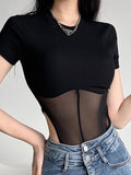 Mojoyce  Casual Mesh Patchwork Knit Bodycon Summer Bodysuit Women Tops Transparent Short Sleeve Ladies Body Basic Jumpsuit New