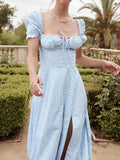 Mojoyce Jacqueline 2022 Puff Sleeve Midi Floral Dress Women Retro Elegant Sexy Split Sundress Casual Ruched Drawstring Dresses Summer