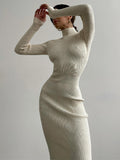 Mojoyce 2023 Women Turtleneck Midi Dress Long Sleeve Autumn Winter Party Club Elegant Casual Basic Knit Dresses