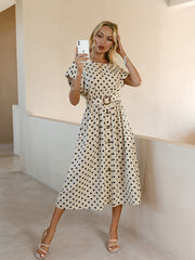 Mojoyce Elegant Polka Dot Print O-neck Women Dress Summer 2023 Casual High Waist Bat Sleeve Dresses A-line Office Lady Vestidos