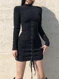 Mojoyce Heyoungirl Tie Up Bandage Black Bodycon Dress Autumn Basic Long Sleeve Knitted Mini Dresses Ladies Skinny Casual Winter Fashion