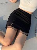 Mojoyce Korean Fashion Frill Mesh Patchwork Black Mini Skirt Summer Solid Split Casual Bodycon Women's Skirts Short Cute 2022