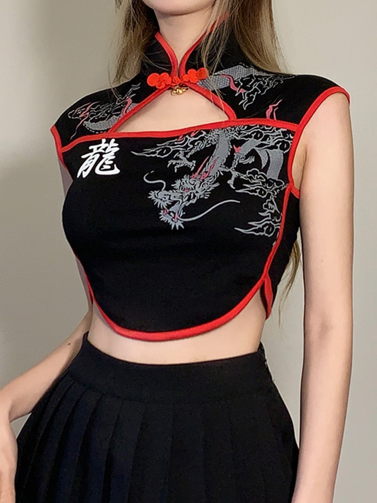 Mojoyce Vintage Fashion Dragon Printed Gothic Summer T-Shirts Women Chinese Style Crop Top Dark Academia Graphic Tee Cut Out