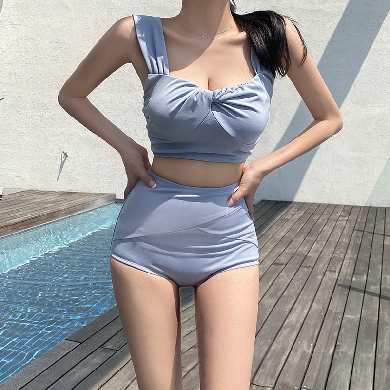 Mojoyce Swimsuit 2022 Woman  Two-Piece Set Triangle Bikinis High Waist Korean Women's Solid Bikini Hot Spring Bathing Suit