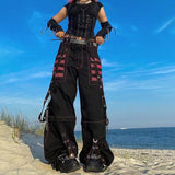 Mojoyce Dark Academia Jogging Femme Oversize Chain Bandage  Trousers Streetwear 90S Y2K Gothic Cargo Pants Woman Wide Leg Pants Punk