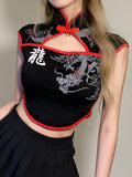 Mojoyce Darlingaga Vintage Fashion Dragon Printed Gothic Summer T-Shirts Women Chinese Style Crop Top Dark Academia Graphic Tee Cut Out
