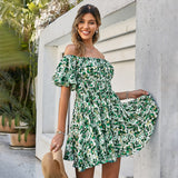 Mojoyce Sexy off shoulder print green mini dress summer women One shoulder A-line floral dresses Holiday elastic beach vestidos