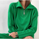 Mojoyce Women Green Womens Zip Sweaters Fashion Female Casual Polo Neck Solid Oversized Pullovers Jumper Knitted Winter Tops