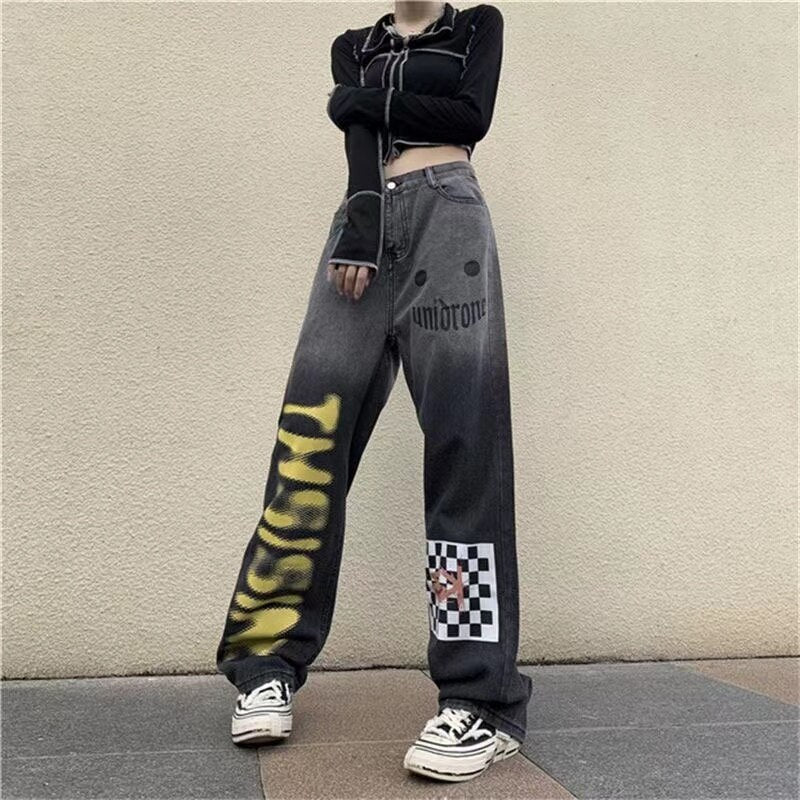 Mojoyce Punk Hippie High Street Y2K Wide Leg Trouser  Harajuku Grunge Denim Pants Vintage Straight Gothic Baggy Jeans Woman