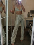 Mojoyce Glitter Sleeveless Crop Top Two Piece Pants Set Women Summer High Waist Pants Set Bodycon Straight Trouser Suits