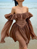 Mojoyce Darlingaga Retro Chic Brown Corset Pleated Summer Dress Off Shoulder Fashion Ruffles Patchwork Beach Women's Dress Sexy Sundress