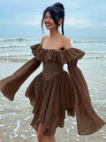 Mojoyce Elegant Chic Female Flare Sleeve Irregular Dress Slim Off Shoulder Aesthetic Beach Sundress Women Party Cute Dresses