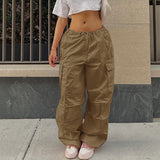Mojoyce  Y2K Women Cargo Pants Casual Solid Drawstring Low Waist Baggy Wide Leg Sweatpants Vintage Hippie Jogger Tech Trousers Streetwear