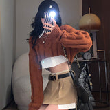 Mojoyce Y2k Crop Short Knitting Set Sweater Women's Lazy Loose Outer Wear Retro Short Knitted Sweater Top Two-Piece Brown Grey Pullovers