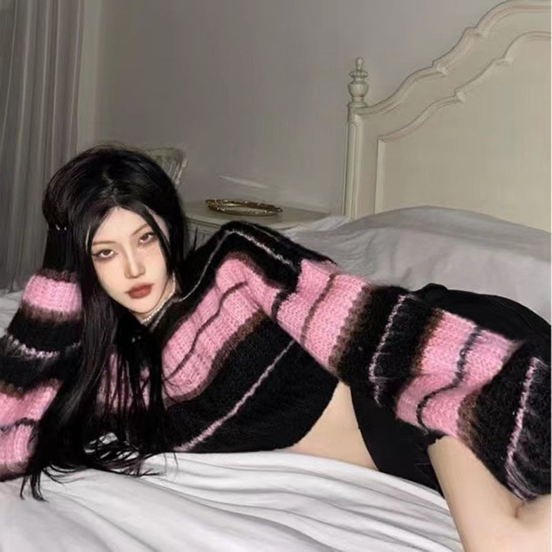 Mojoyce Y2K Streetwear Pink Cropped Knitted Sweater Woman Striped Jumper Vintage Female  Autumn Long Sleeve Crewneck Pullovers Tops