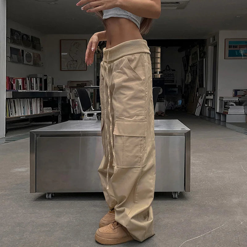 Mojoyce High Street Fold Over Waist Fashion Baggy Pants Women Boyfriend Style Khaki Cargo Pants with Pockets Harajuku Korean