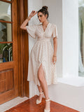 Mojoyce Chic polka dot botton a-line dress women Bell sleeve high waist maxi vestido elegant Office white dresses summer 2022