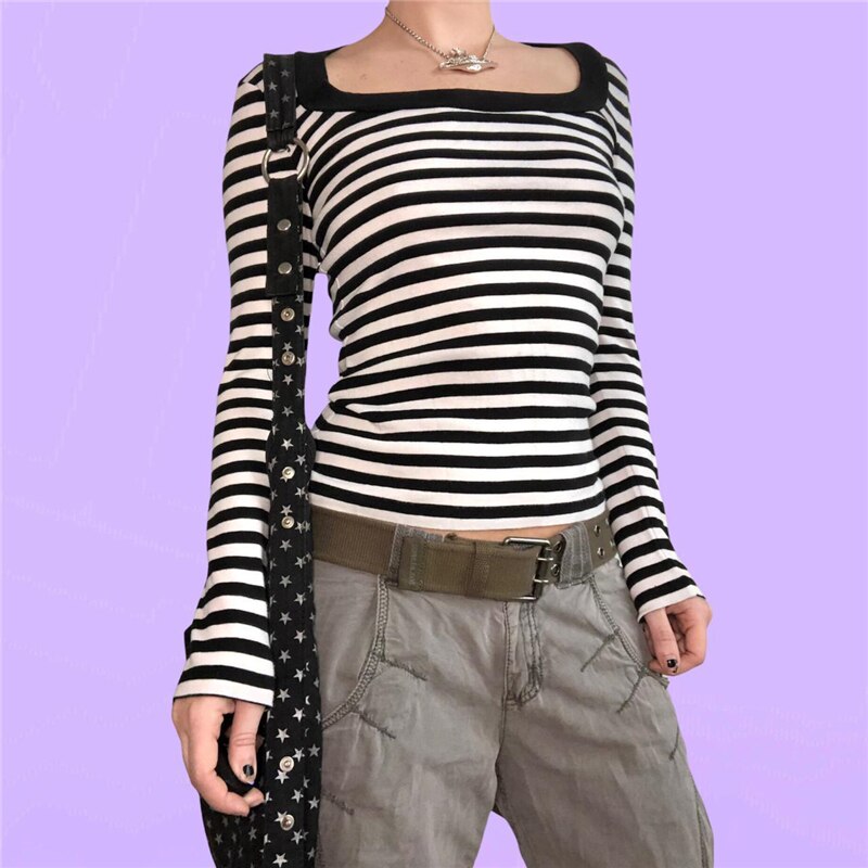 Mojoyce  Dourbesty Cute Grunge Aesthetic Striped T-Shirts Harajuku Slim Spring Tee Preppy Style Streetwear Alt Emo Academia Tops Outfits