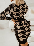 Mojoyce Fall Winter New Sexy V Neck Bird Lattice Hip Knitted Long Sleeve Dress For Ladies Fashion Casual Knitted Dresses