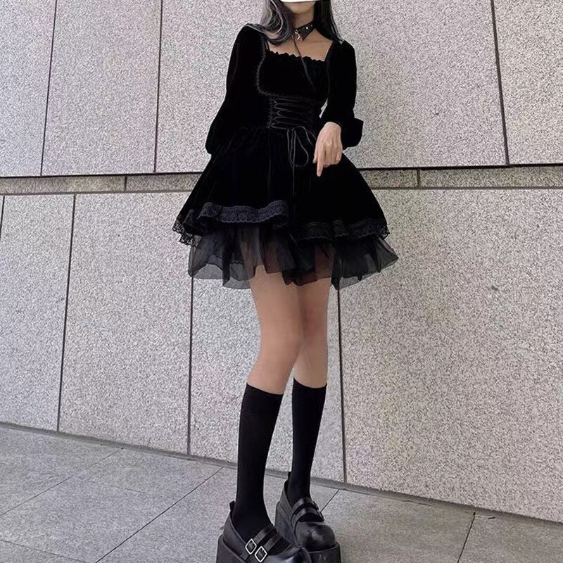 Mojoyce Spice Girl With Thin Waist Fluffy Skire Fake Two-Piece Mini Lolita Dress Woman Dark Academia Fairy Grunge Alternative Clothes