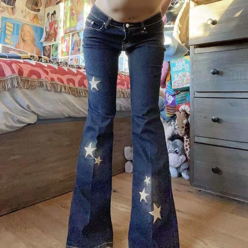 Mojoyce Star Printed Streetwear Y2K Jeans Woman Vintage Low Waist Pockets Blue Denim Skinny Flare Jeans Women Low Rise Grunge Retro