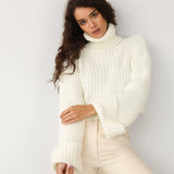 Mojoyce Turtleneck Kintted Sweater Women Short Pullovers Autumn Winter Warm Thick Jumpers Blue White Crochet Y2k E-Girl Jumper Slit