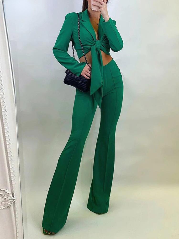 Mojoyce 2023 Women's Lapel Long Sleeve Bandage Crop Top Flared Pants Setfemale Spring Solid Color Small Blazer Slim Long Pant Two-Piece