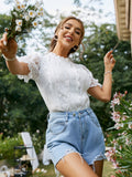 Mojoyce White elegant lace stitching women t-shirt summer Causal hole puff short sleeve tees Fashion office lady short tops 2022
