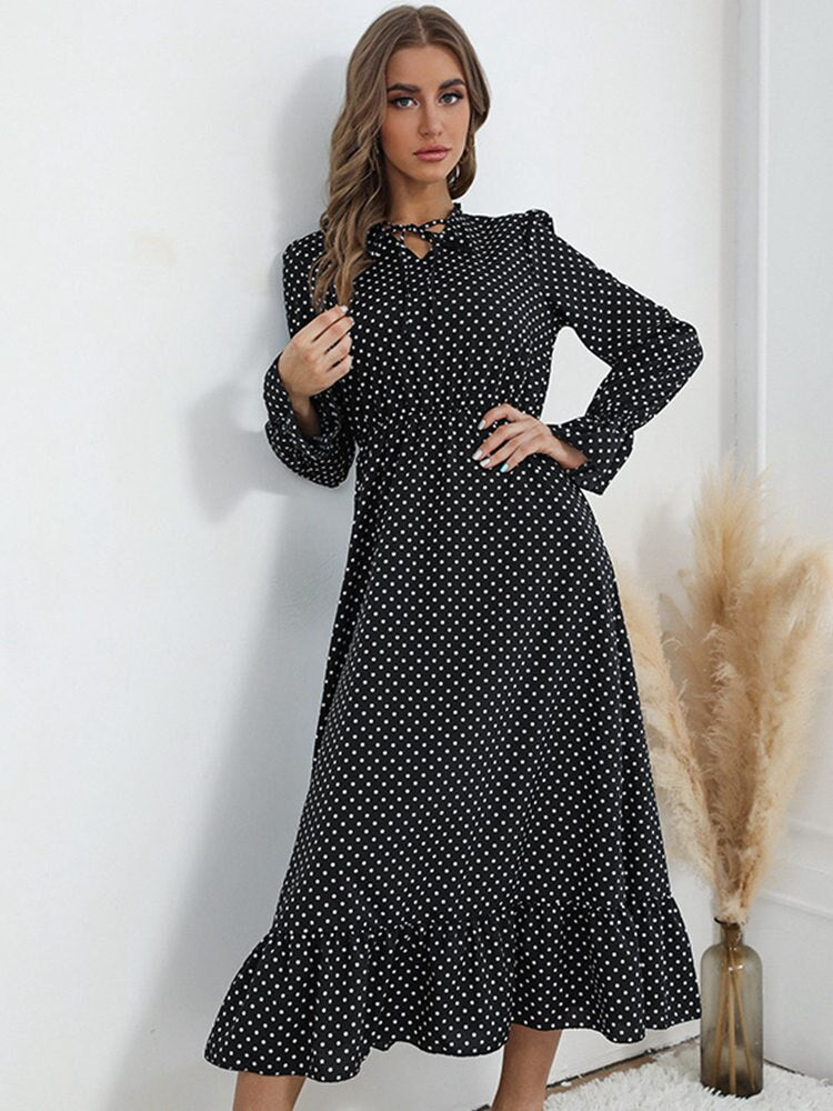 Mojoyce Spring 2023 New V Neck Long Sleeve Polka Dot Long Dress For Ladies High Waist Printed Chic Dress