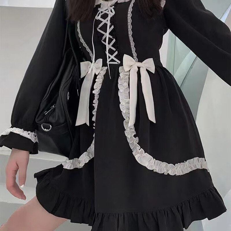 Mojoyce Black Kawaii Mini Lolita Dress Woman Gothic Lace Up Emo Long Sleeve Dresses Dark Academia Fairy Grunge Alternative Clothes