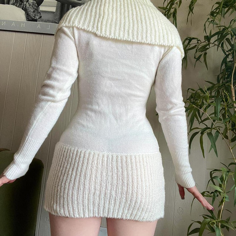Mojoyce White Knitting Dress Y2k Autumn Winter Women Turtleneck Long Sleeve Sweaters Dresses Chic Fairycore Vintage Clothes Fall Outfits 2023