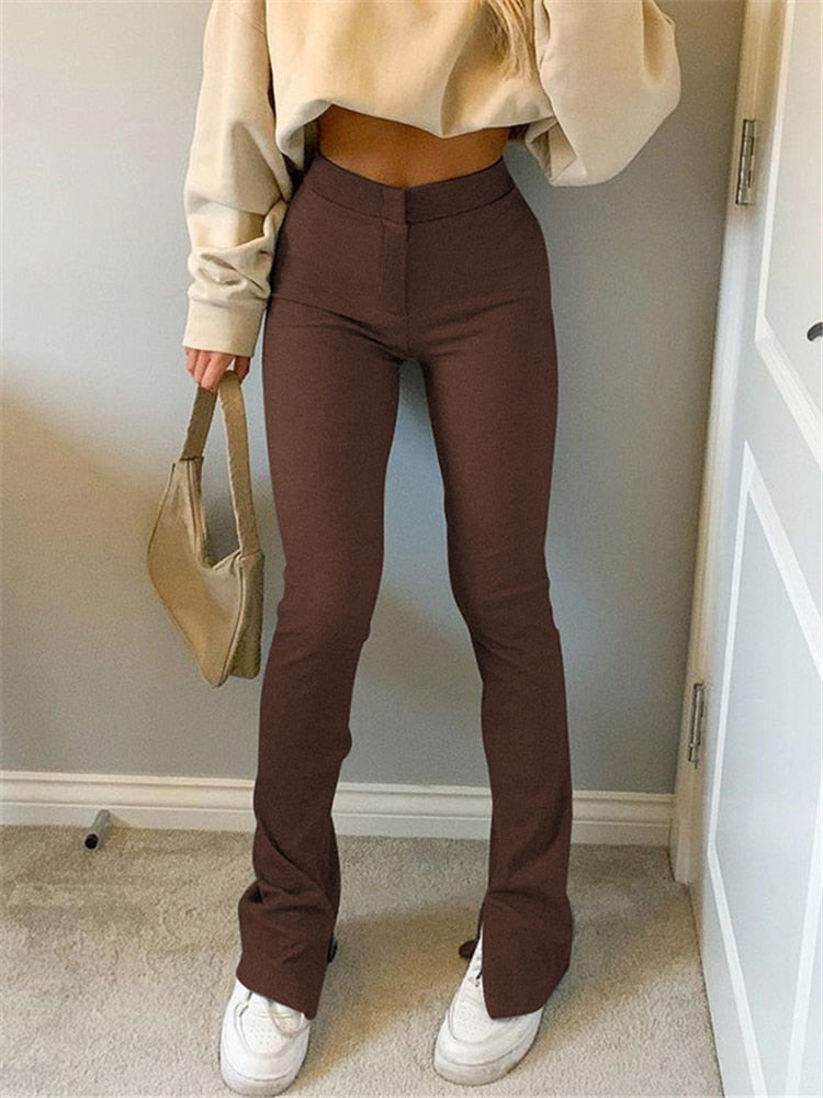 Mojoyce Women's Solid High Waist Stretchy Leggings Skinny Sexy Split Out Long Trousers Casual Sport Pants Streetwear Autumn