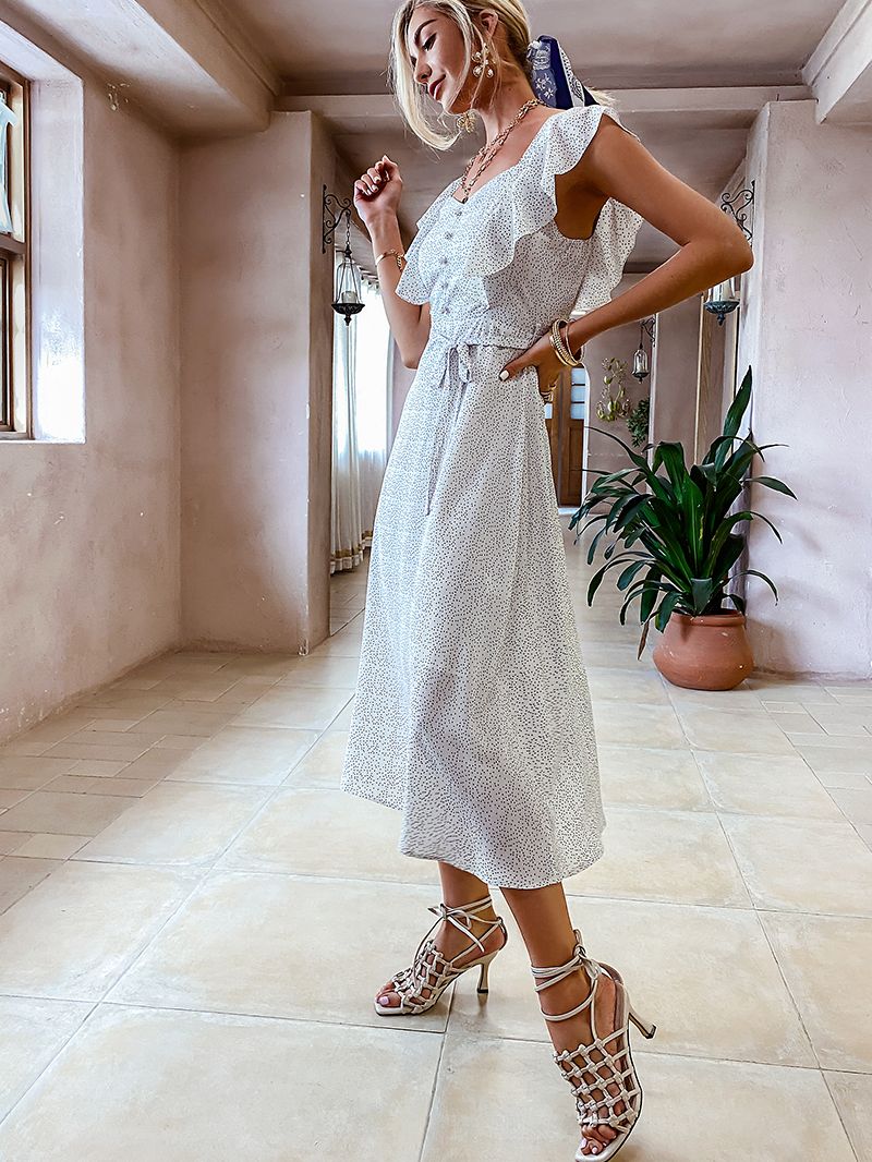 Mojoyce Casual Polka Dot Printed High Waist Women Dress Summer V-neck Sleeveless Vestidos 2022 Ruffled Lace-up Maxi Sundress New